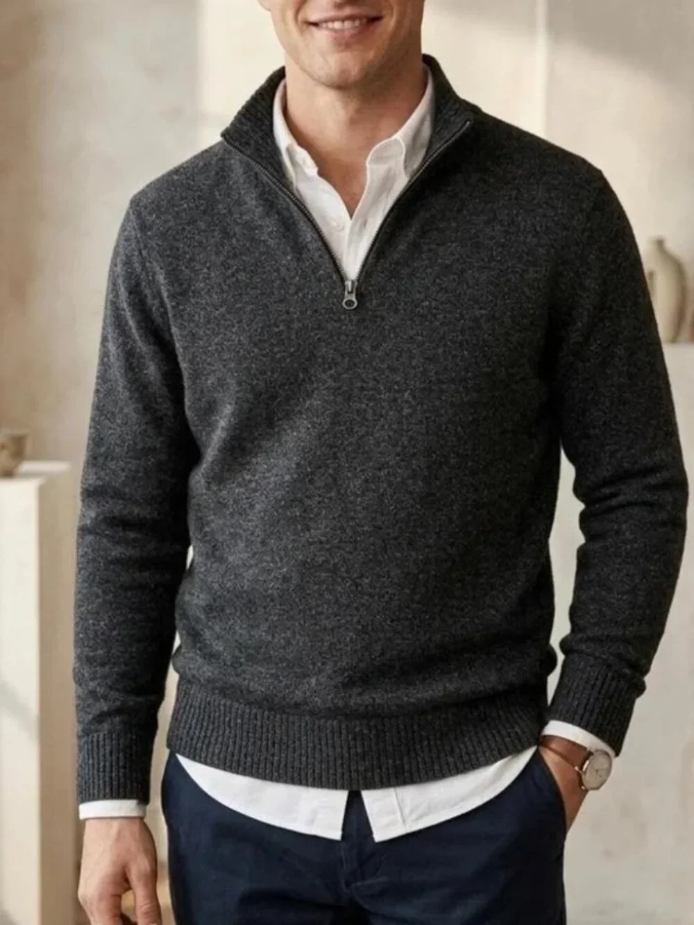 100% Italian merino wool men's charcoal gray quarter zip knit sweater J. Crew M